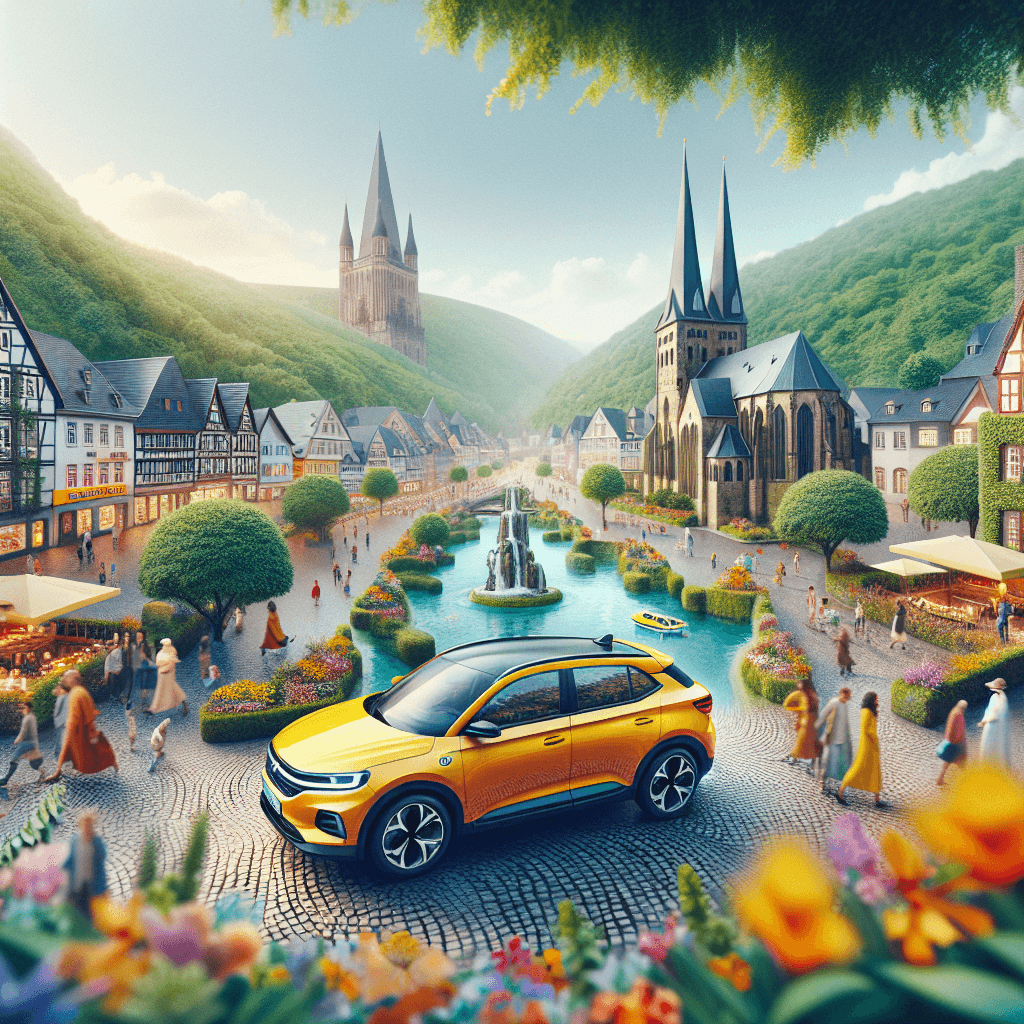 City car amidst Aachen landmarks, lively crowd, and flowers