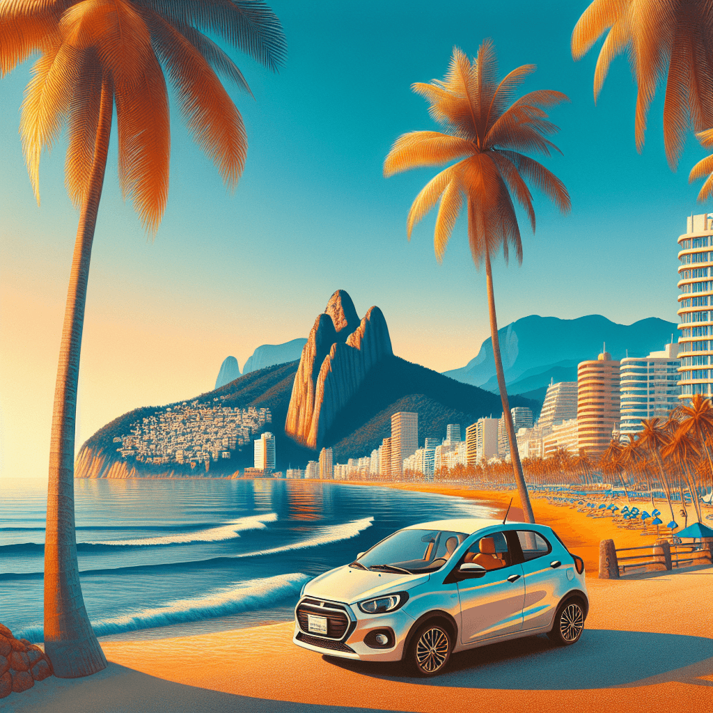 City car on Acapulco beach with palm trees and cliffs