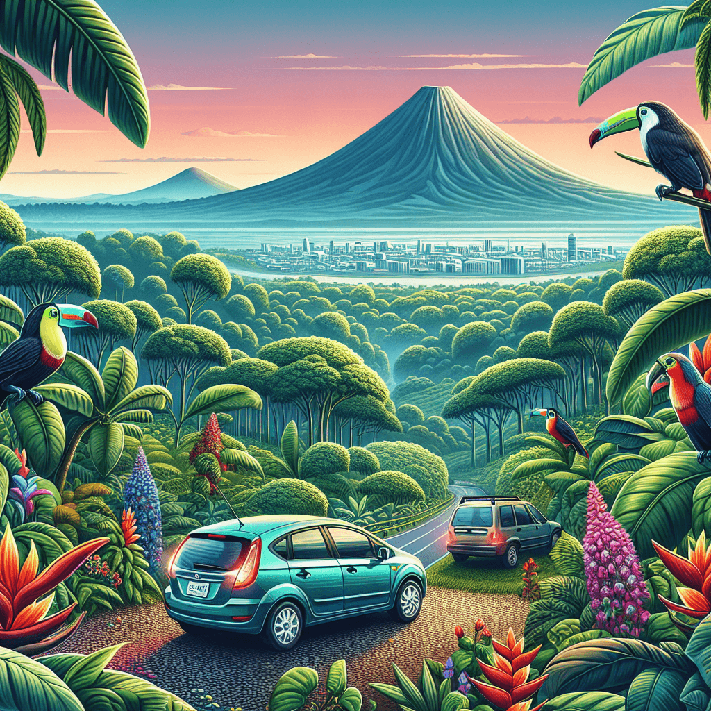 City car amidst coffee plantation with toucans and volcano