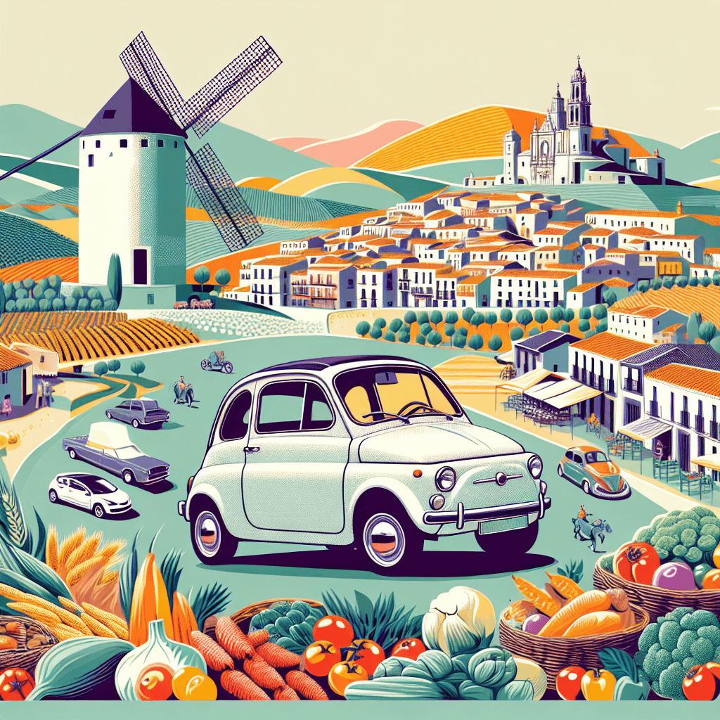 City car in lively Albacete landscape with cathedral and market