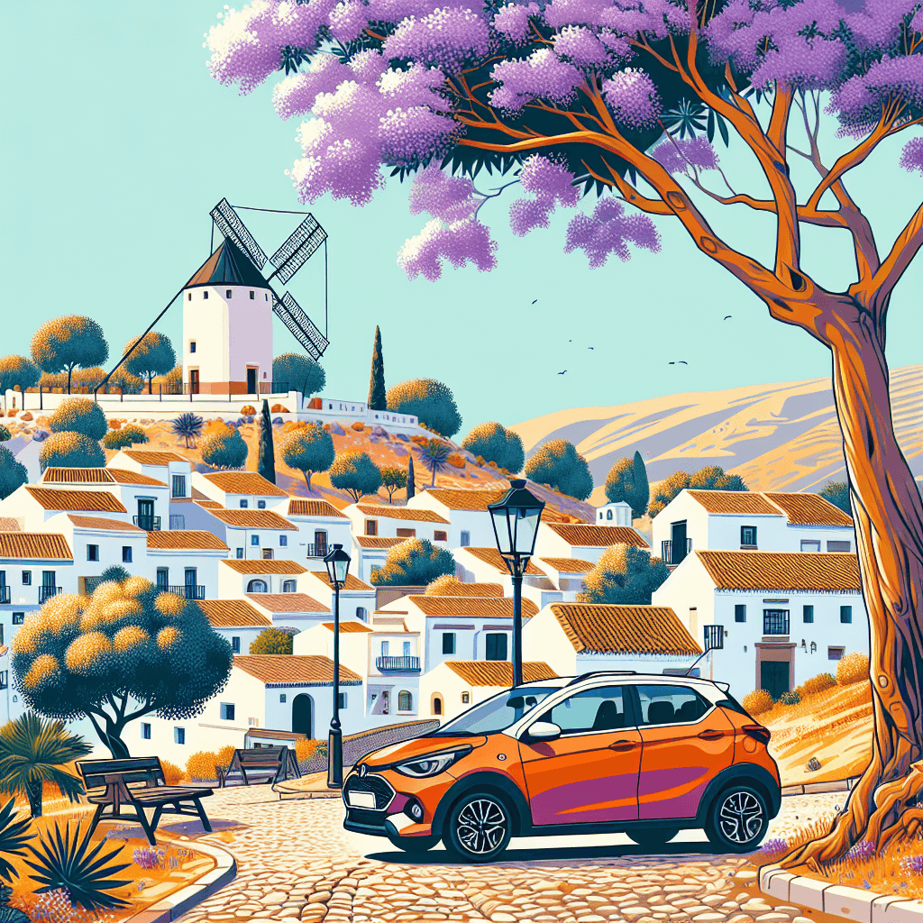 City car in Albox landscape with hills, houses, olive grove, windmill