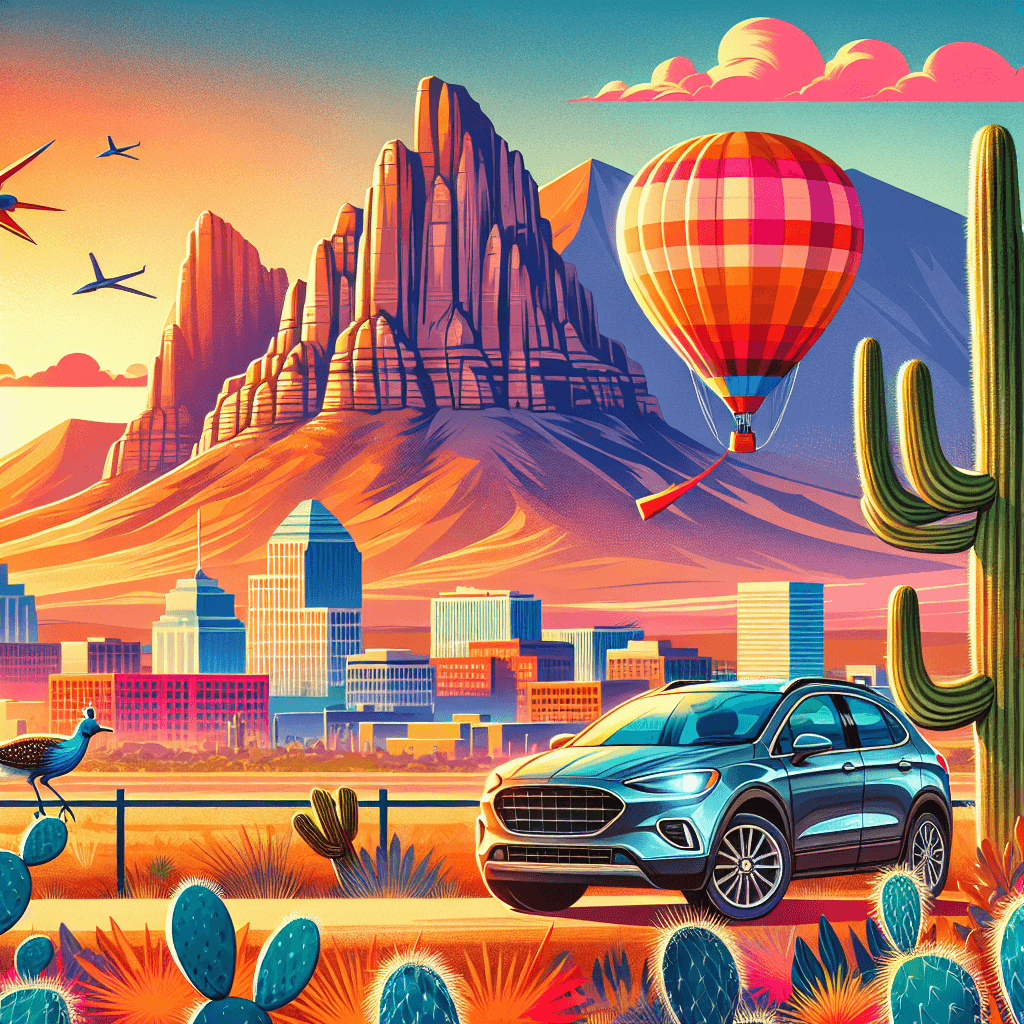 City car near a cactus with mountains, a hot-air balloon and roadrunners in sunset