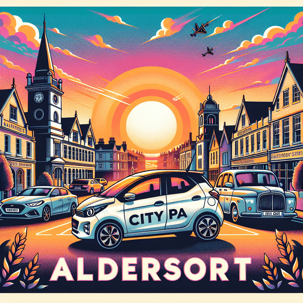 City car in Aldershot with military structures, Victorian buildings and a colourful sunset
