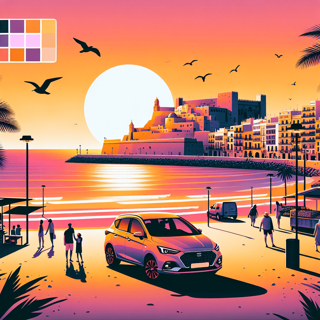 City car by Almeria beach, lively market, sunset, Alcazaba