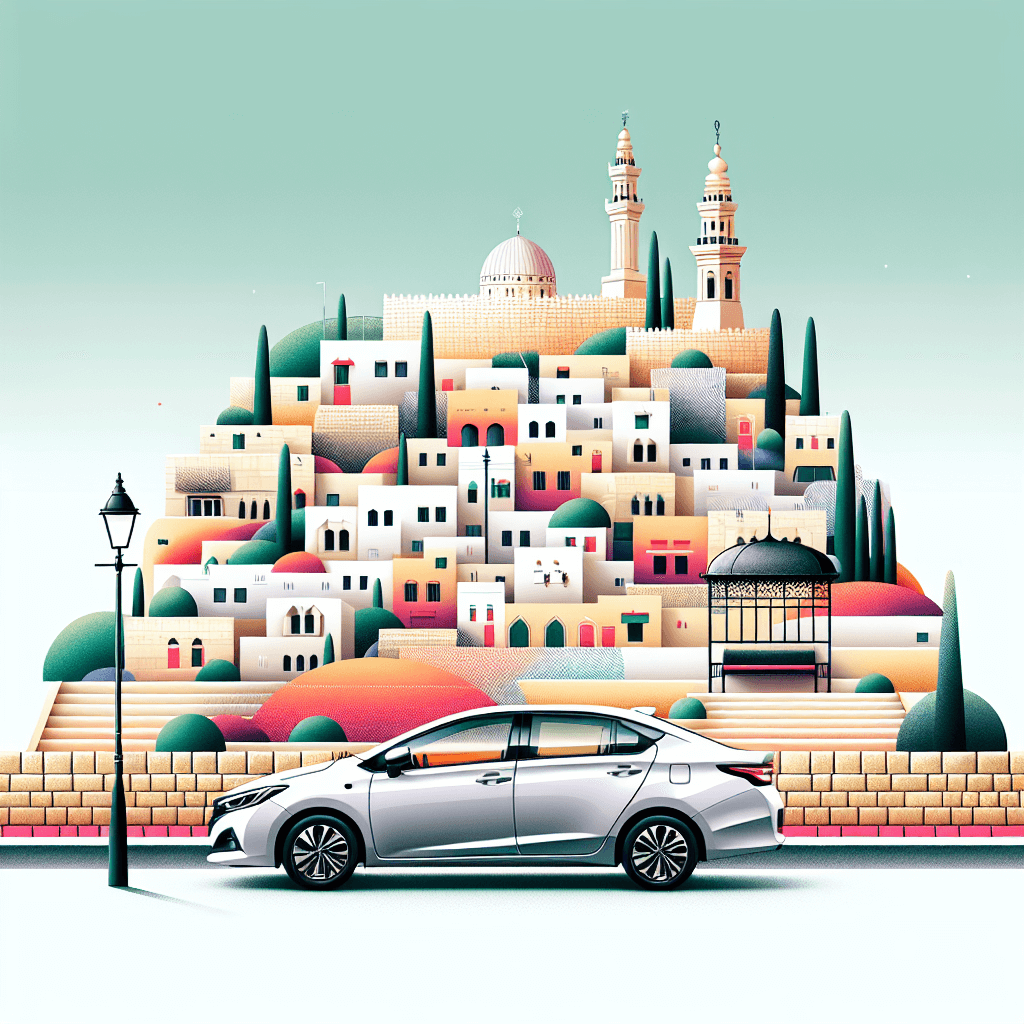 City car in Amman with Citadel, lamp posts, palm trees