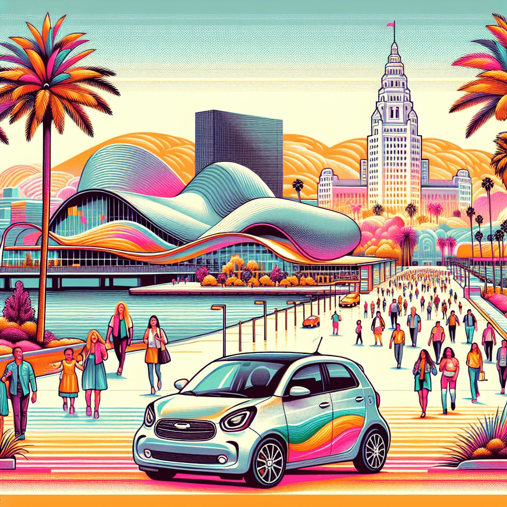 Digital Art: City car, vibrant Anaheim backdrop, with people strolling.