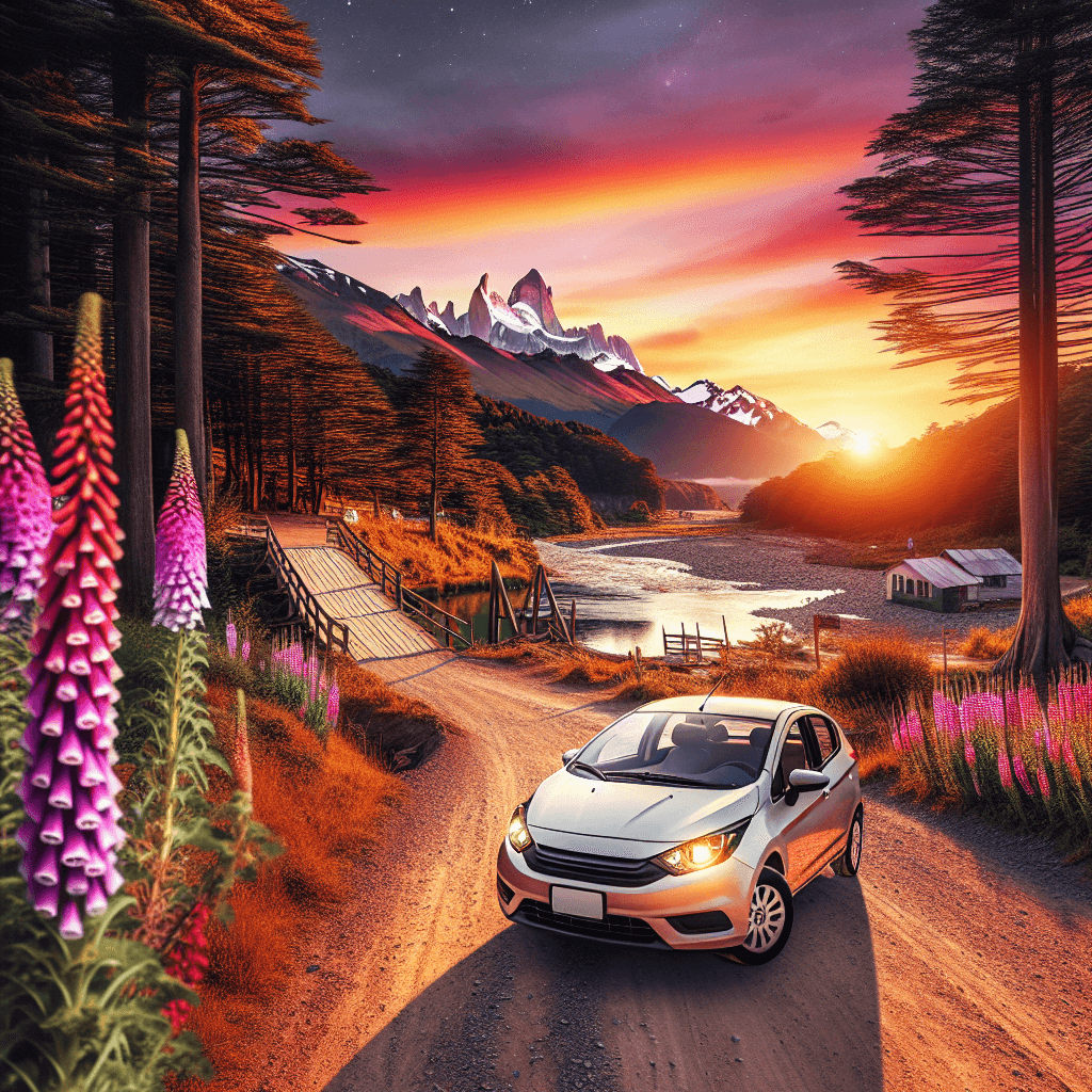 City car on dirt road, Araucaria trees, rustic bridge, wild flowers, distant snow-covered Andes, vibrant sunset backdrop