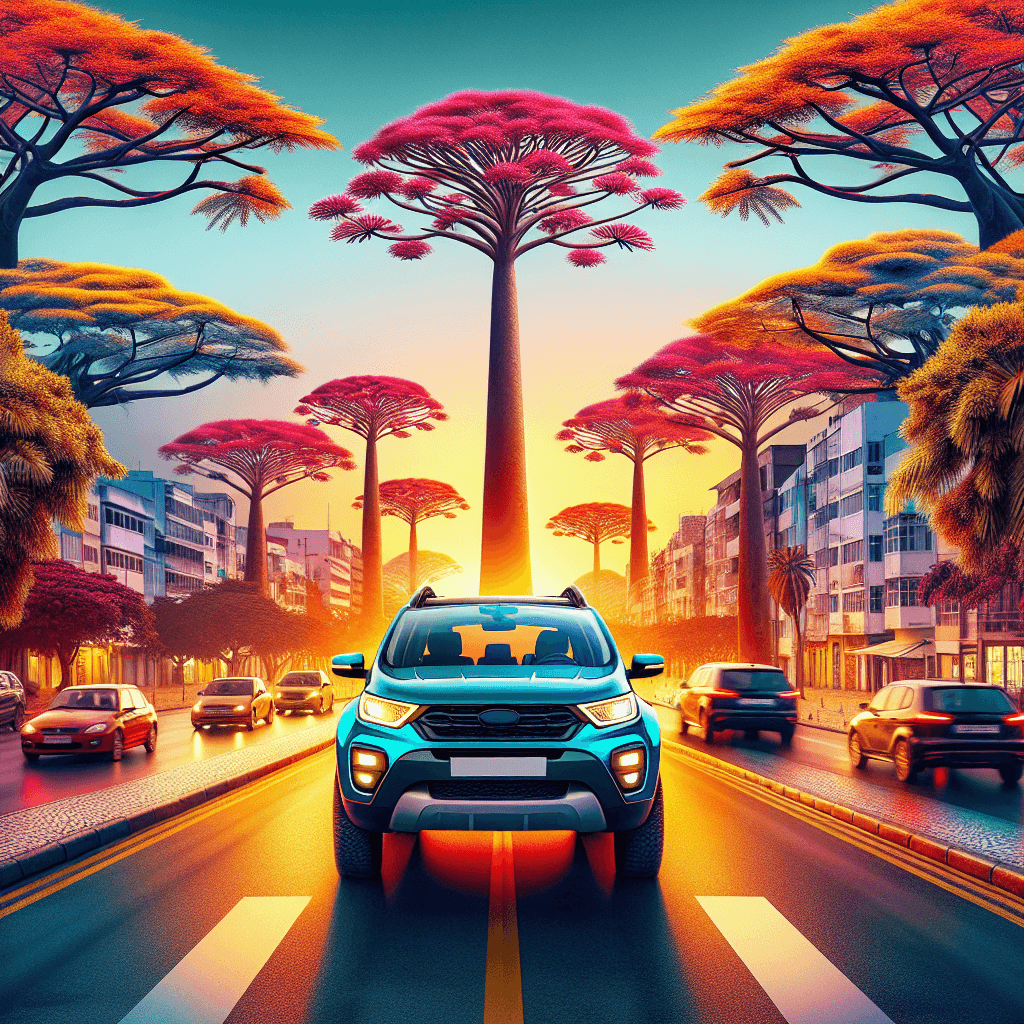 City car among Welwitchia, Baobab trees at sunset