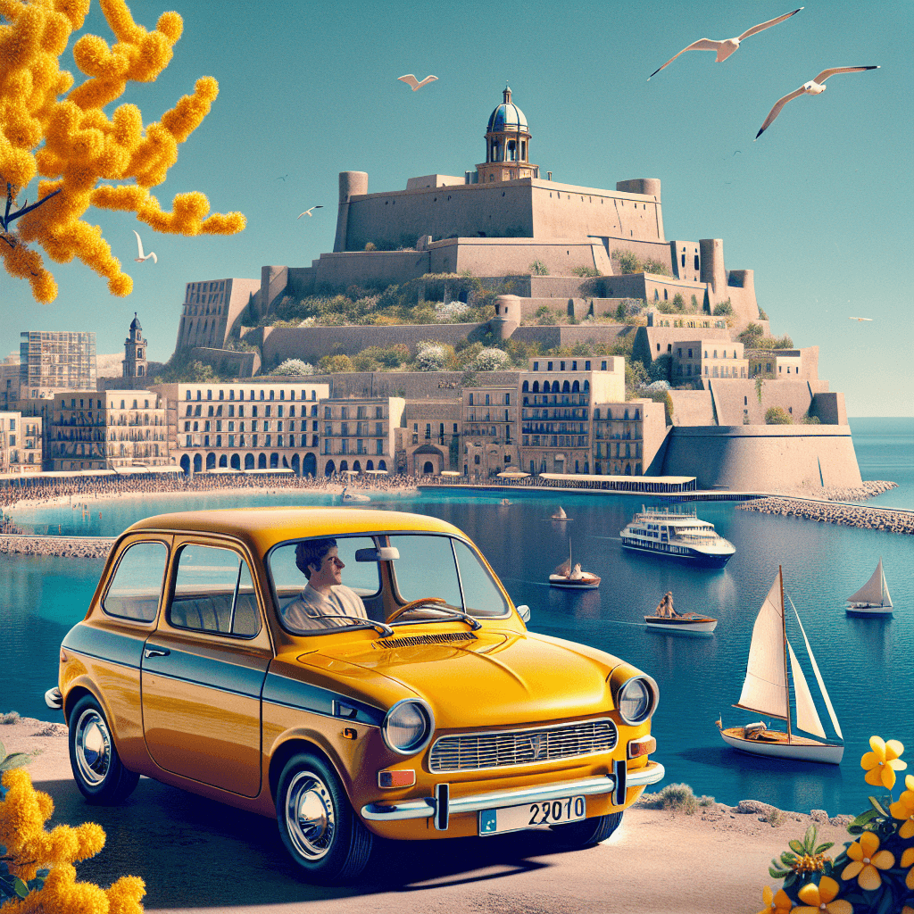 Bright city car parked in Antibes with landmarks, mimosa trees, seagulls and sailboats
