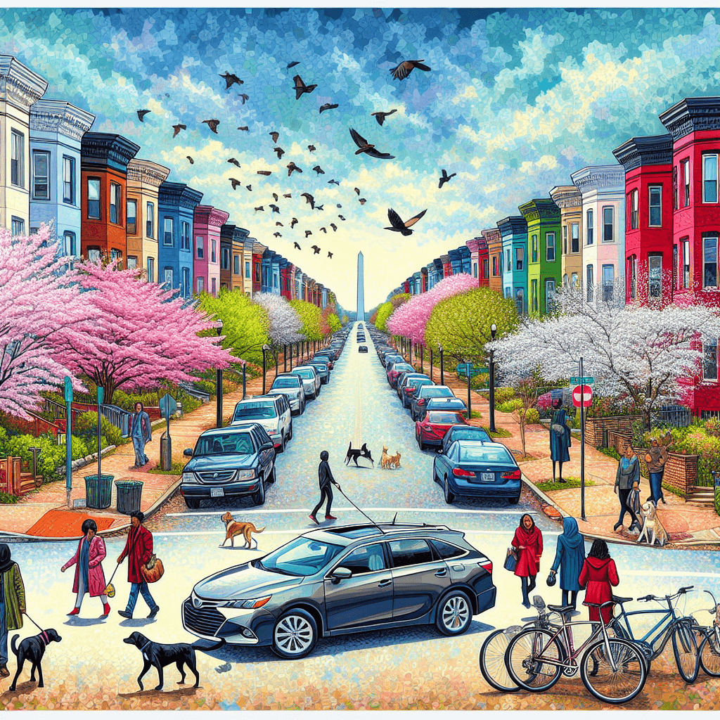 City car in Arlington with cherry blossoms, brick houses, pedestrians, dogs, and bicyclists