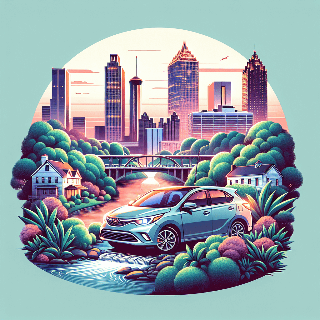 City car, Atlanta skyline, skyscrapers, river, verdant landscape at dusk