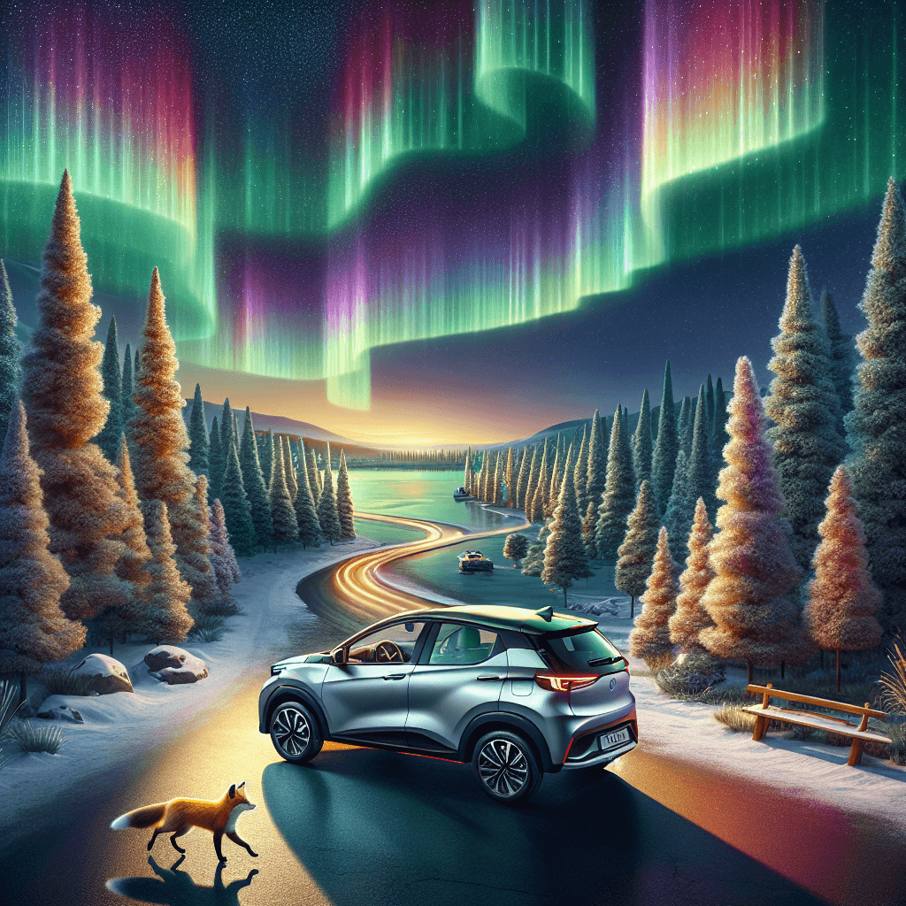 City car under Aurora with forest, road and dancing fox.