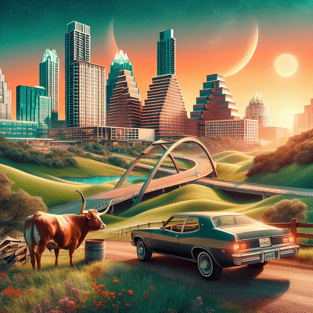 City car parked next to a longhorn at Texas sunset