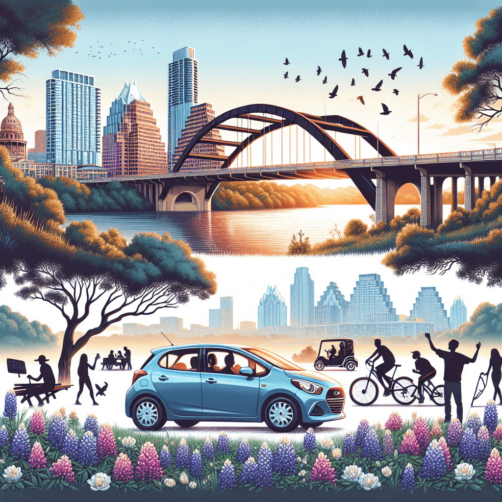 City car near Congress Avenue Bridge, bluebonnets, birds, and silhouettes of people