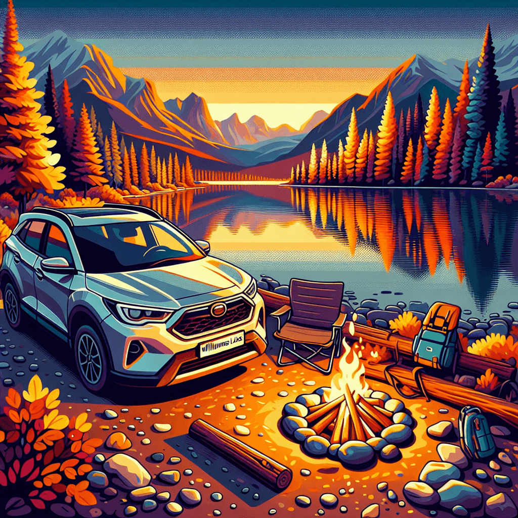City car, autumn trees, lake, mountains, campfire with marshmallows
