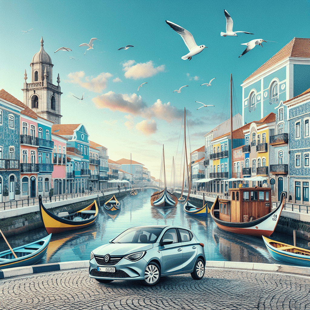 Car in Aveiro with canals, moliceiros, seagulls, Art Nouveau houses