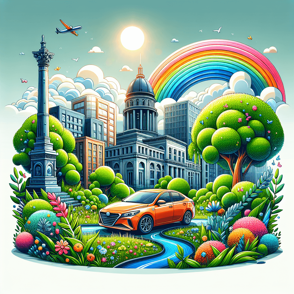 Coche rojo en paisaje urbano y natural de Washington con arco iris