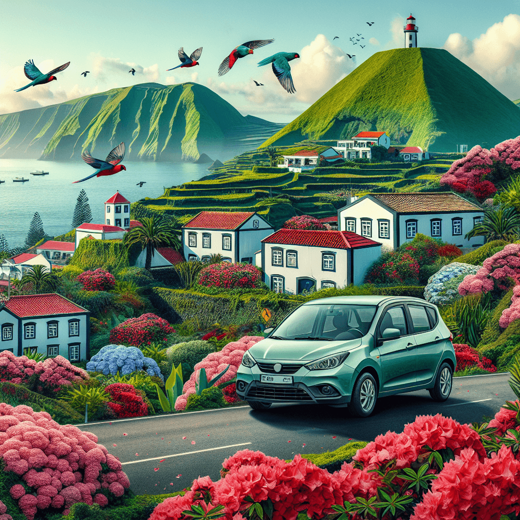 City car near azalea bushes, canaries, traditional houses, hydrangea-covered hills and lighthouse