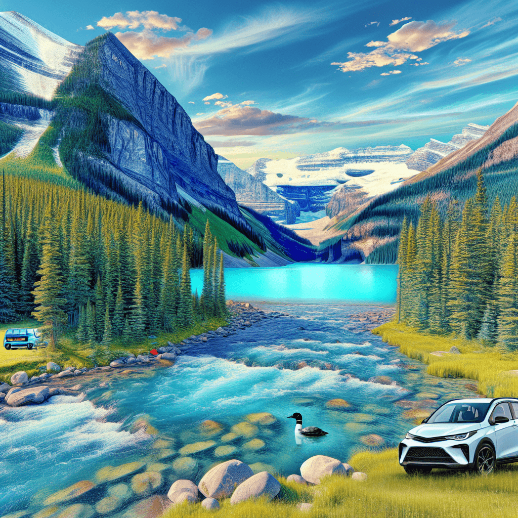 Car in vibrant Banff landscape with loon, river, mountains