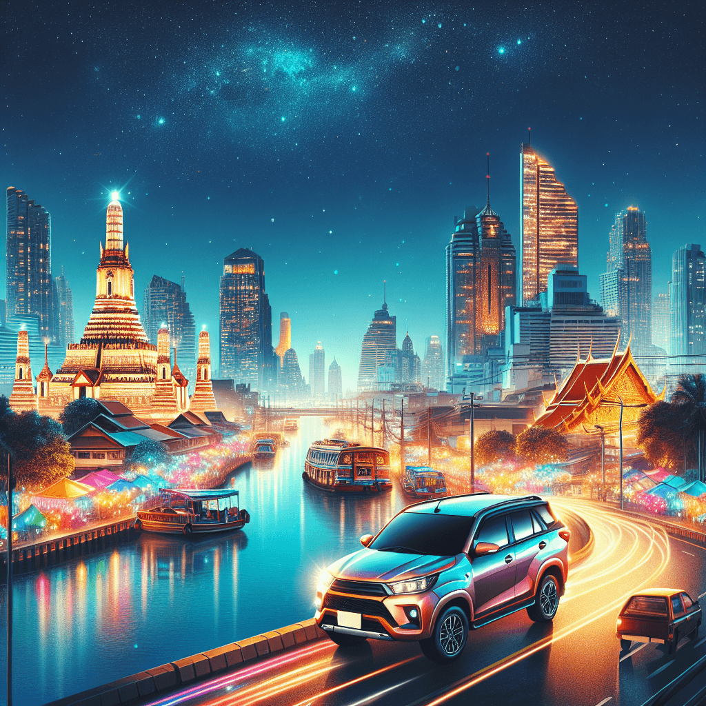 Coche en Mércado nocturno Bangkok, río, rascacielos, templos dorados