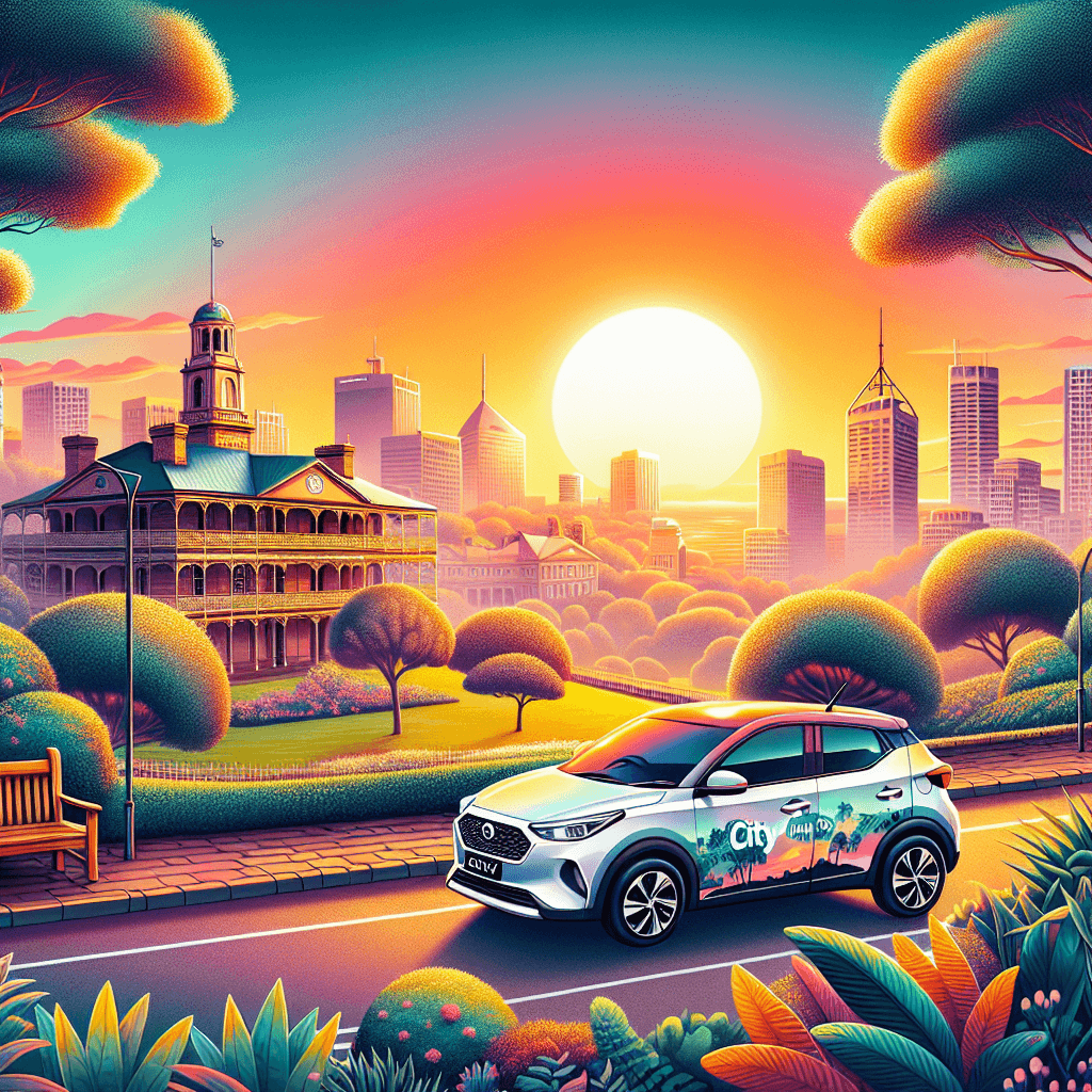 City car, colonial architecture, lush greenery, vibrant sunset