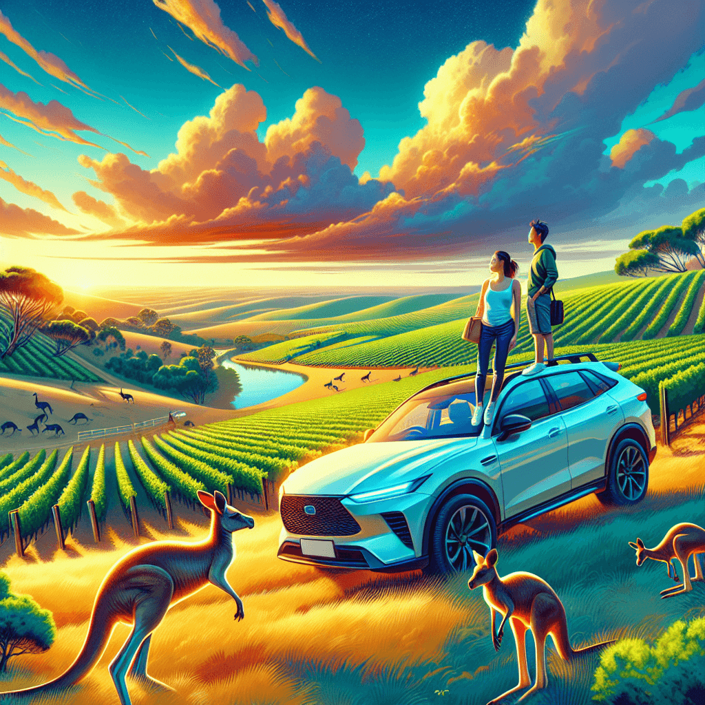 City car in vineyards, couple observing sunset, kangaroos passing by