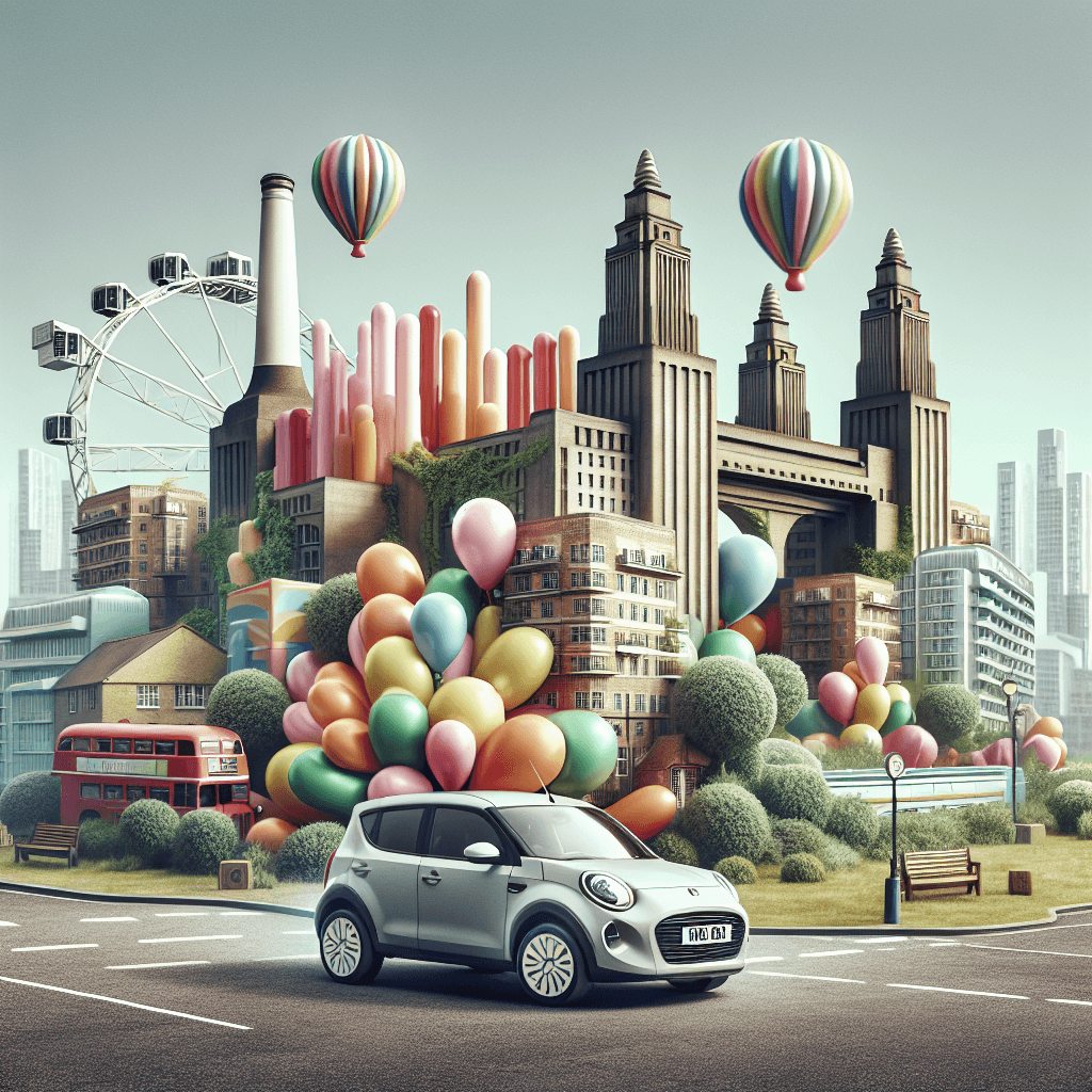 Urban car in Battersea with colourful background balloons
