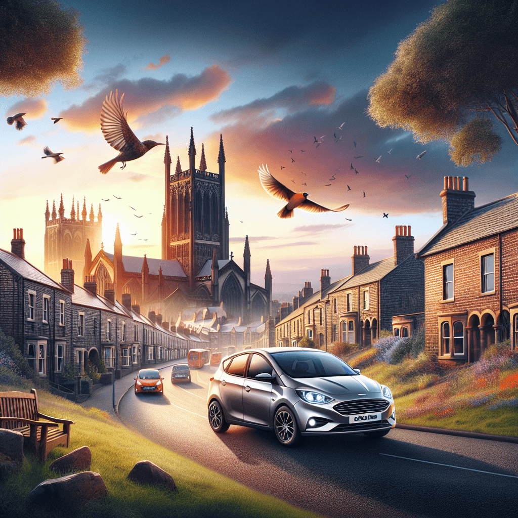 City car amidst Blackburn landscape with vibrant sunset