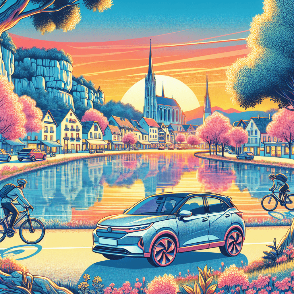 City car in Bloomington with blossoms and sunset lake