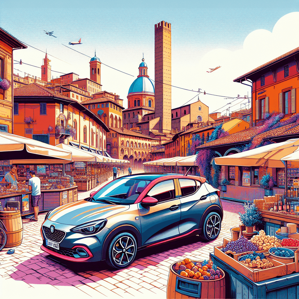 City car amidst Bologna's iconic architecture and local food stands