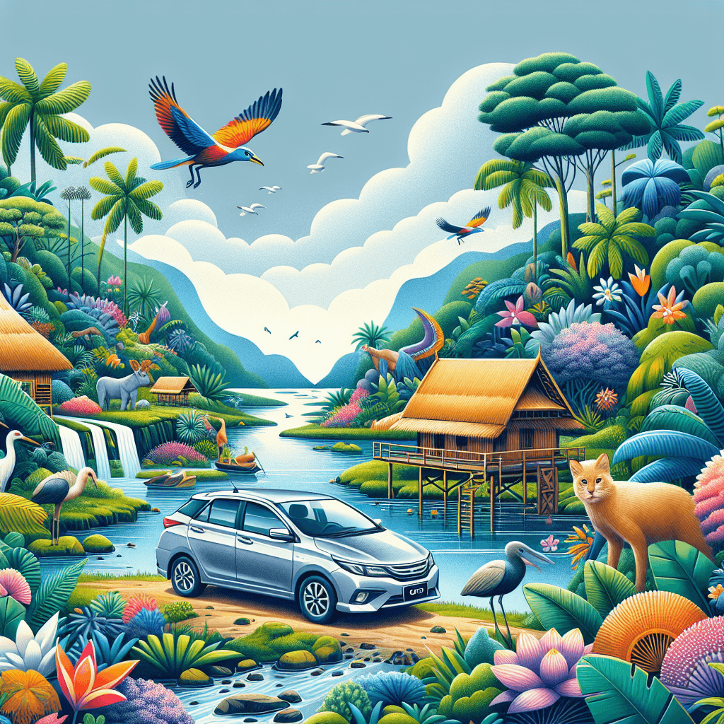 City car amidst jungle, river, exotic birds, local flowers