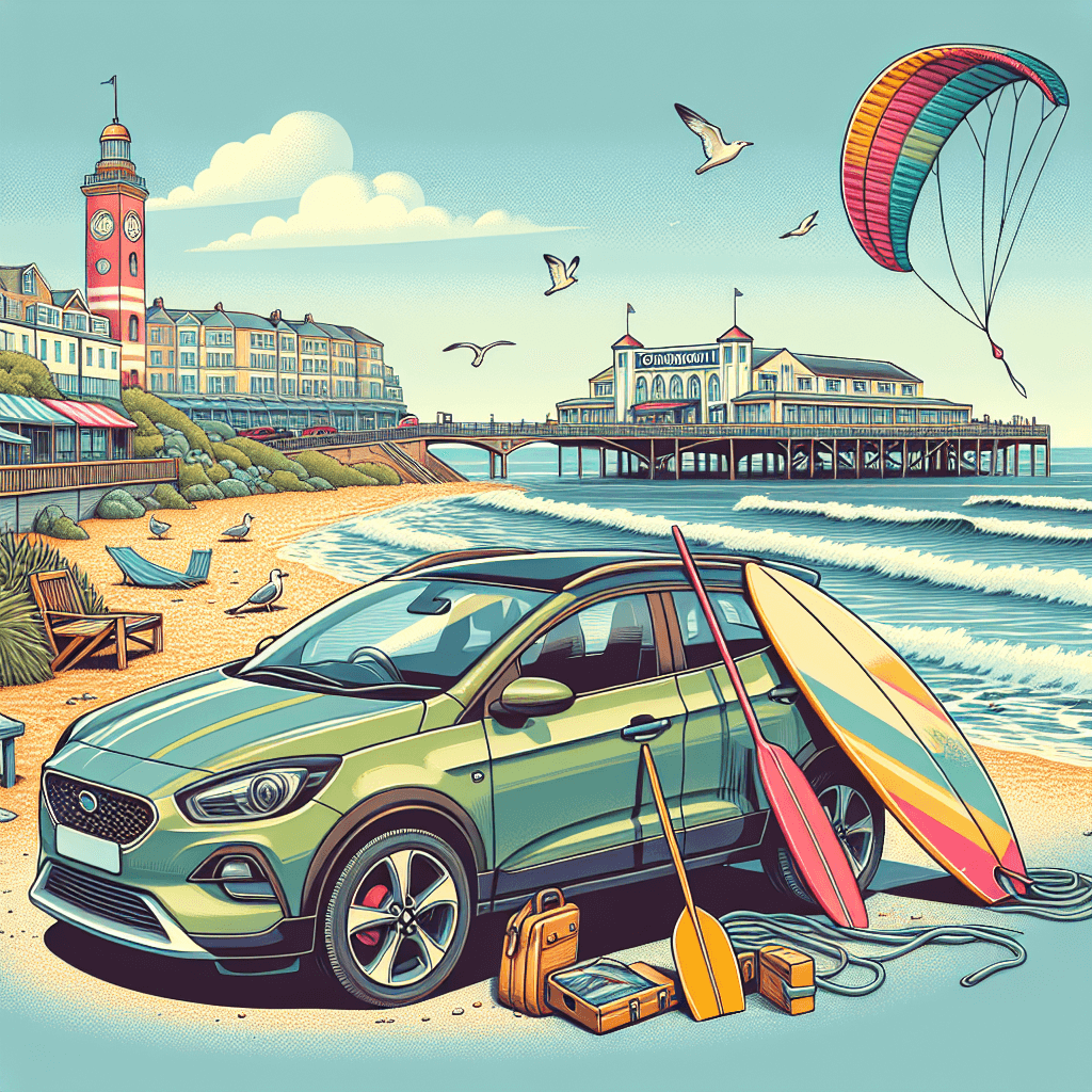 City car with surfboard, colourful kite, seagulls, Bournemouth Pier