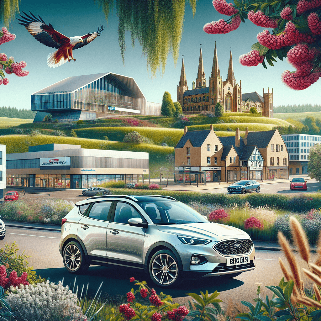 City car amidst Bracknell's landmarks with hawthorn blooms and red kites