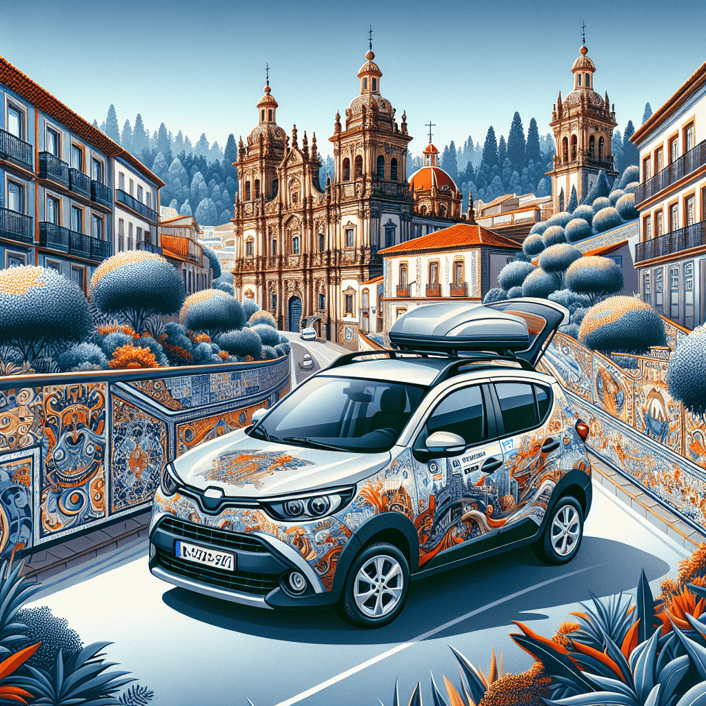 City car in old Braga setting, baroque church and azulejo tiles