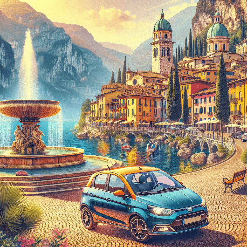 City car on cobblestones, colourful houses, Renaissance fountain, Lake Garda