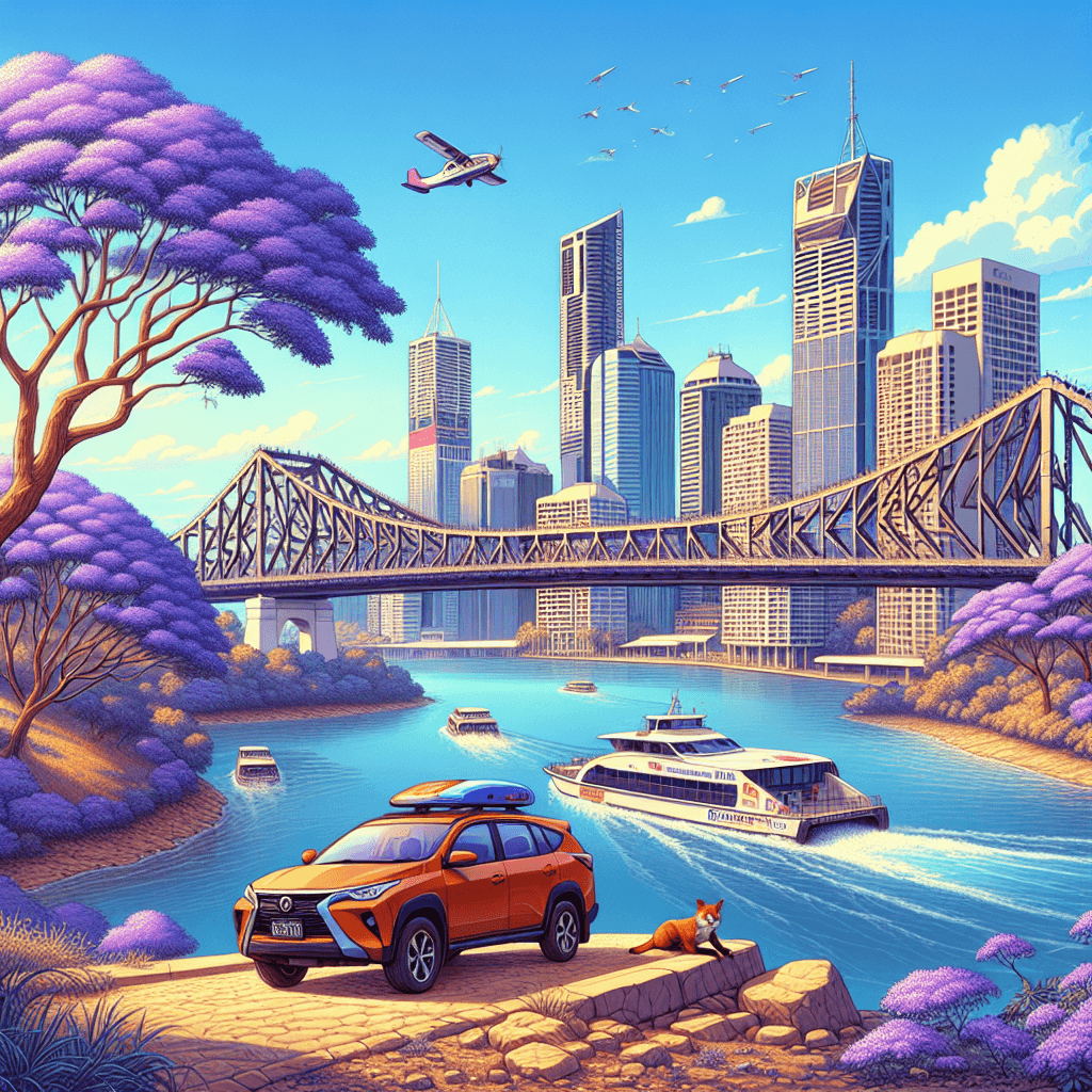 City car amidst Brisbane's skyline, jacaranda trees, citycat