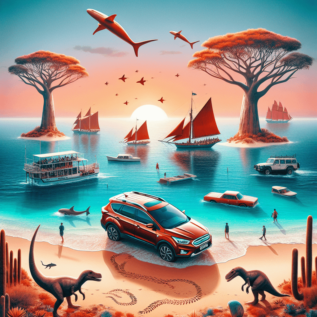 Urban car in a sunny Broome landscape with dolphins and pearling luggers
