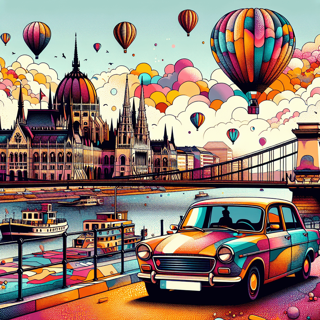Coche en Budapest con parlamento y globos aéreos