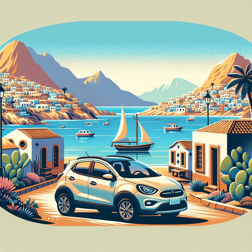 City car in San Jose del Cabo with sea, houses, and mountains