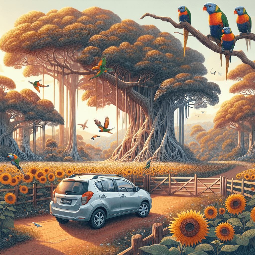 City car with rainbow lorikeets, sunflowers and Moreton Bay fig trees.