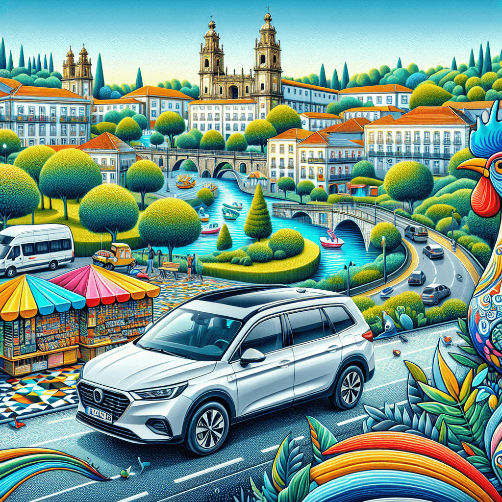 City car amidst vibrant Dom Carlos Park, outdoor market and ceramic rooster