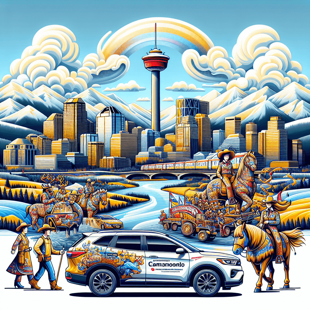 City car, Rocky Mountains, Calgary Tower, Stampede flags