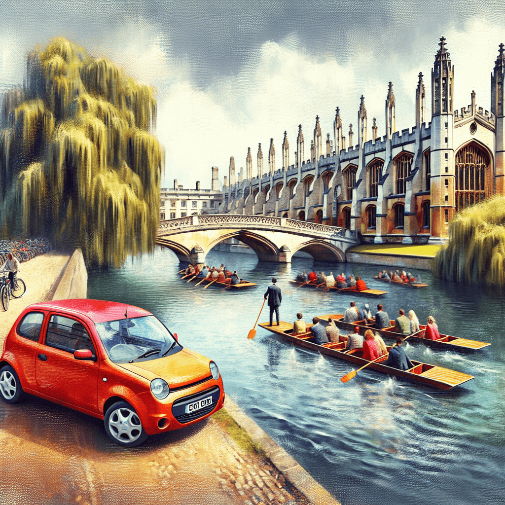 Bright city car surrounded by Cambridge icons, punters and cyclists