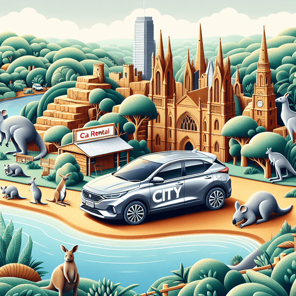 City car with kangaroos, historic buildings, lush Campbelltown vista