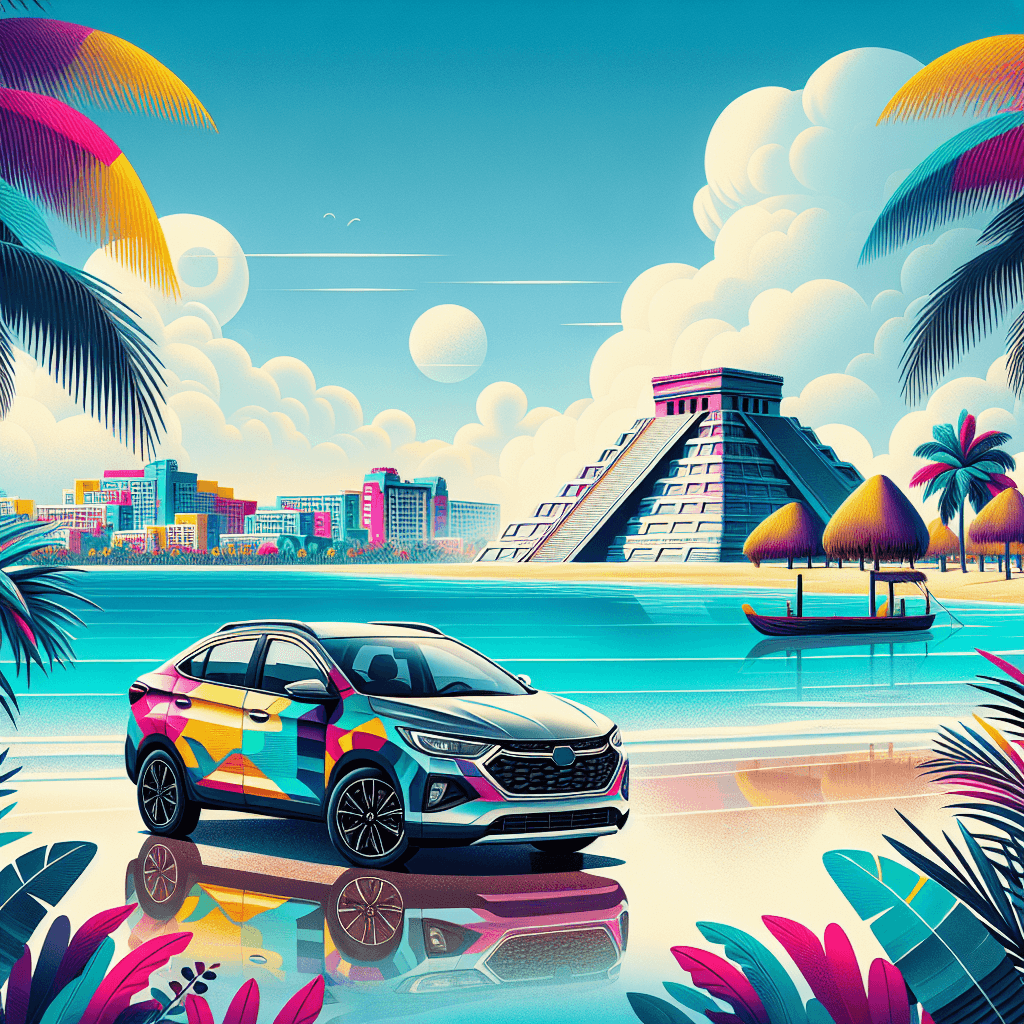 City car in Cancun with sea, palm trees, beach and pyramid