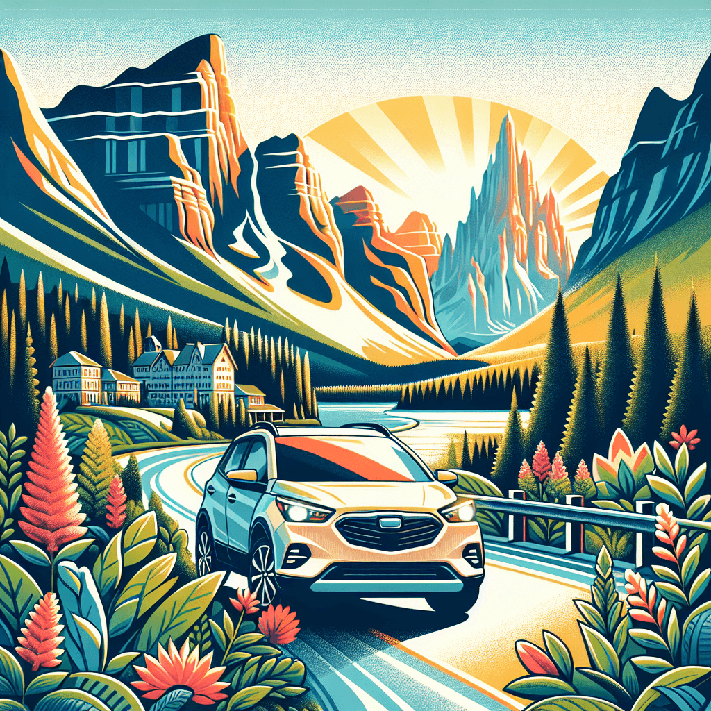 City car amidst Canmore landscape, wildlife, mountains, river