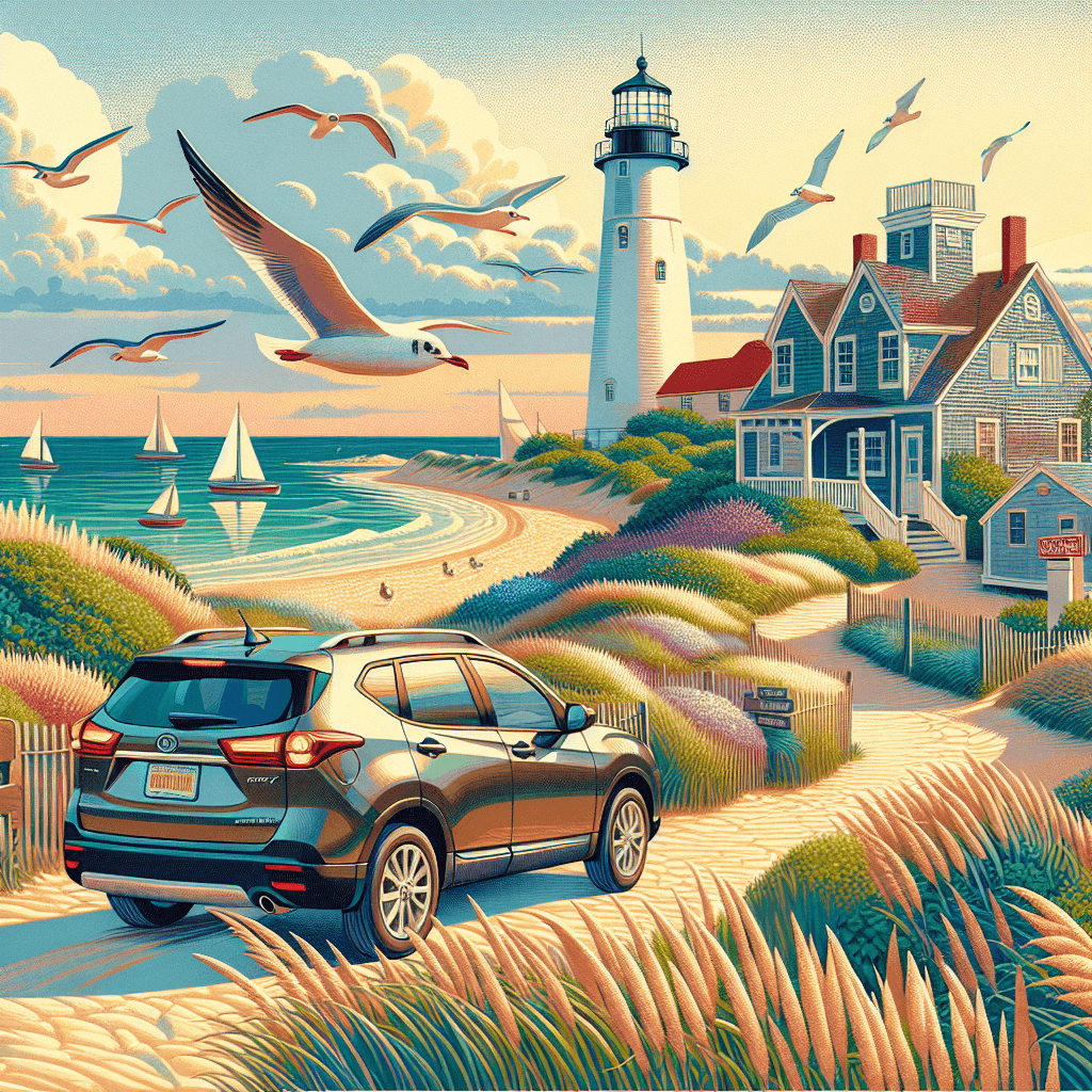 City car near beach, lighthouse, cottage and flying seagulls