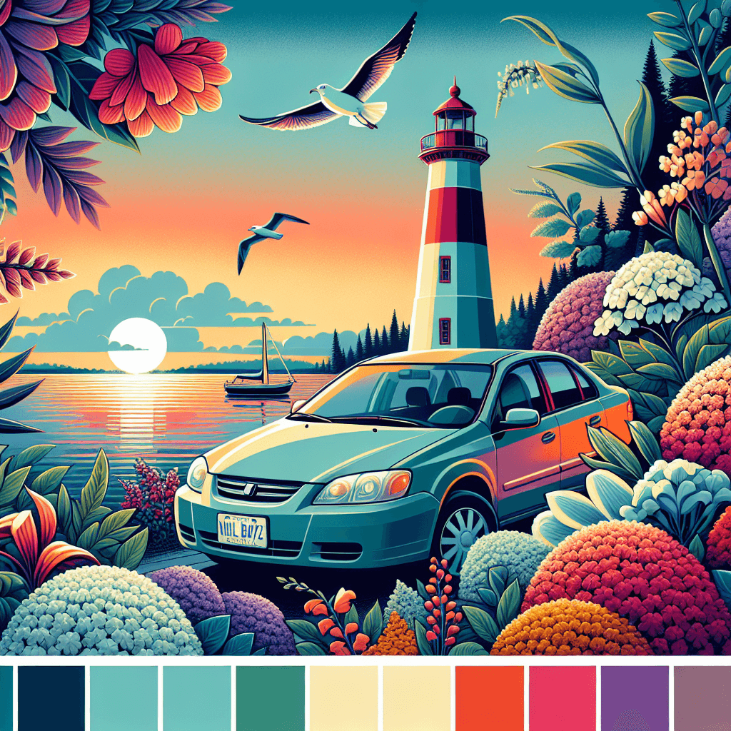 City car near waterfront, lighthouse, seagull, vivid sunset