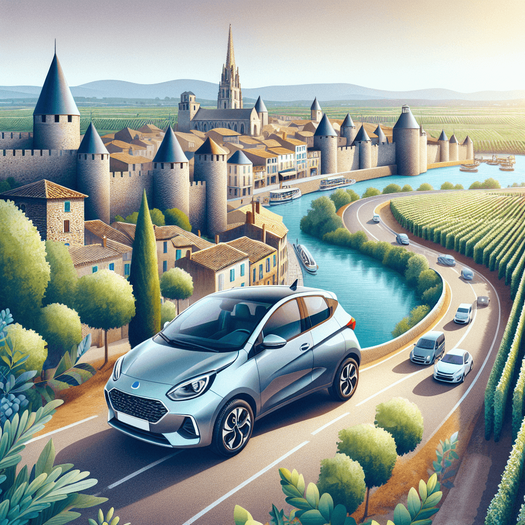 City car set against Carcassonne landscape, city walls and vineyards