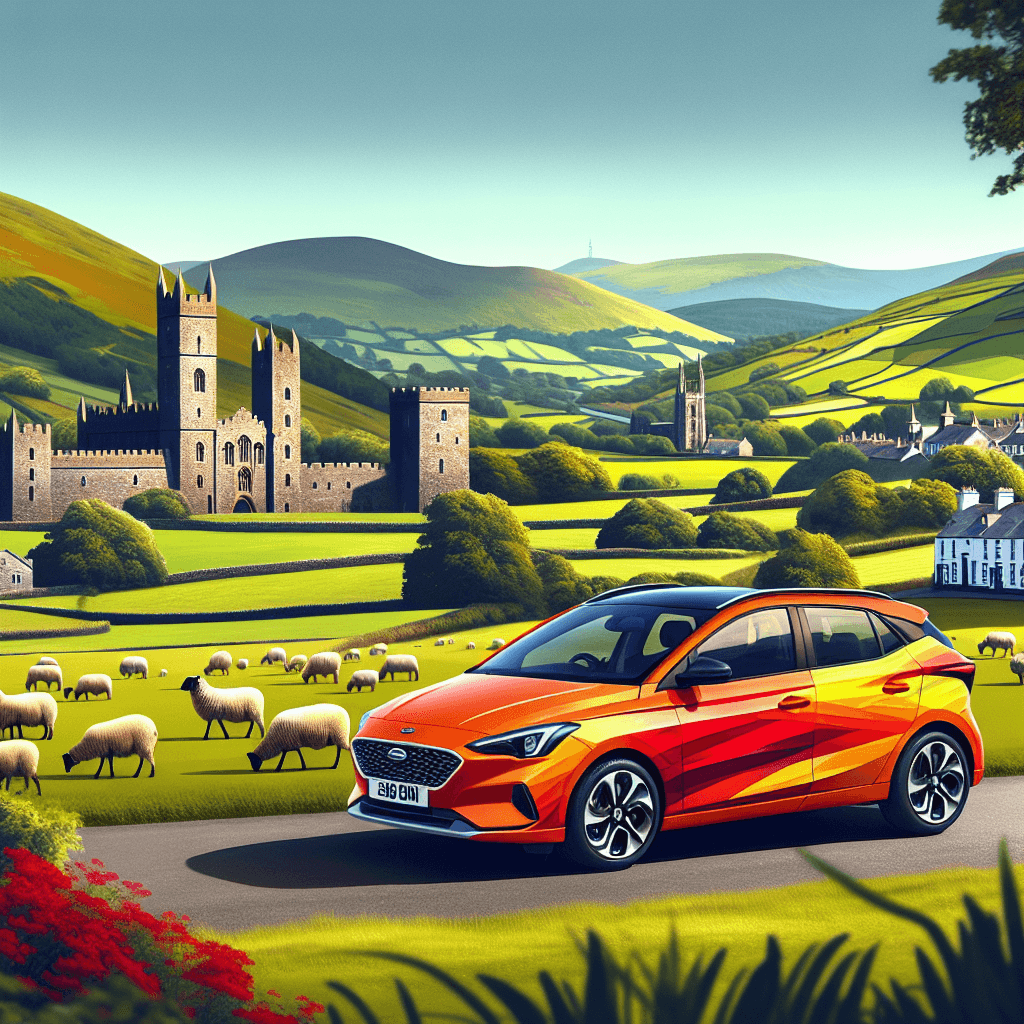 City car parked amidst historic Carmarthenshire with sheep and castles